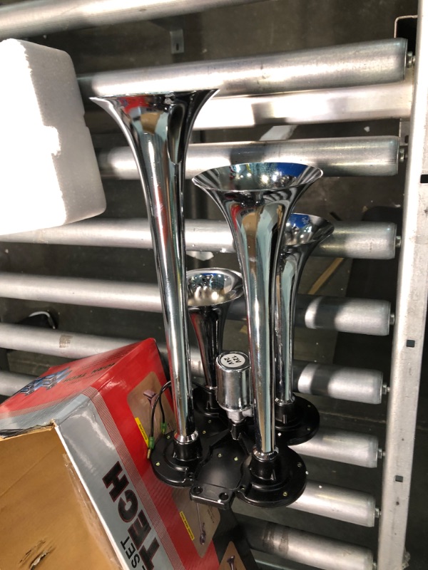 Photo 2 of 150DB Train Air Horn Kit, 4 Trumpet Loud Train Horns Kit for 150 PSI 12V Air Compressor 1.59 Gallon for Trucks, Cars, Van Boats Super Loud Air Horn(Blue)