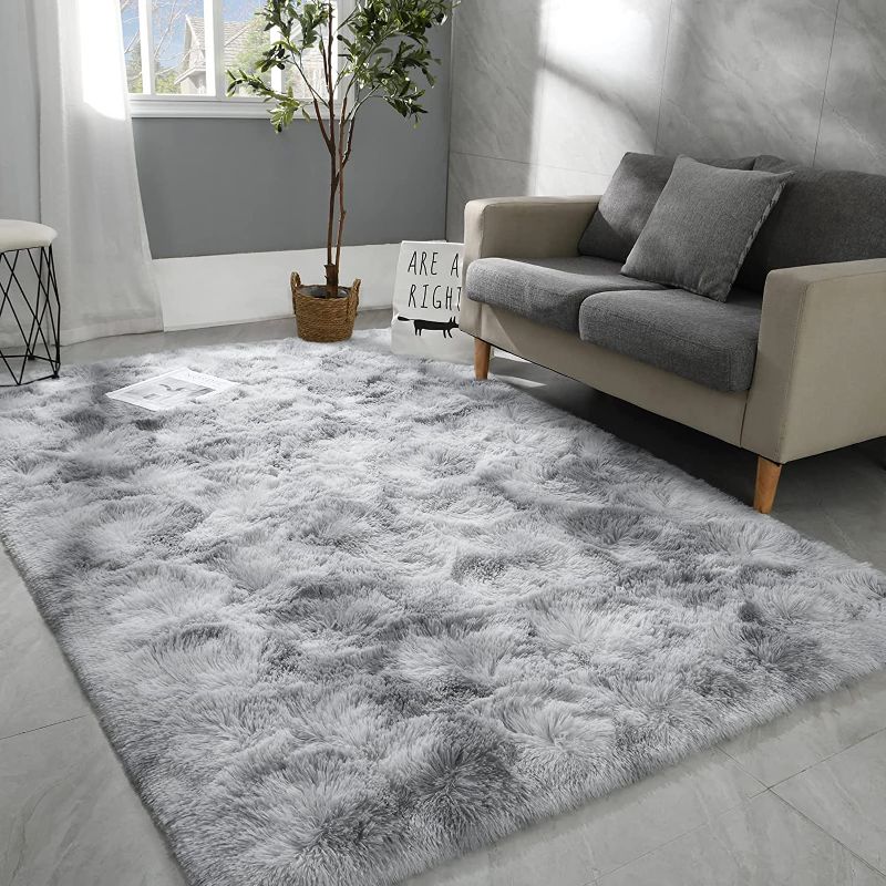 Photo 1 of 5x8 Large Area Rugs for Living Room, Super Soft Fluffy Modern Bedroom Rug, Tie-Dyed Light Grey Indoor