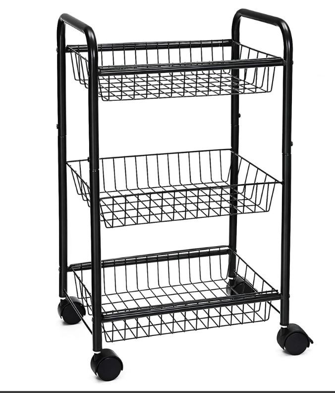 Photo 1 of 3 Tier Metal Frame Kitchen Cart With Casters And Grid Details, Black