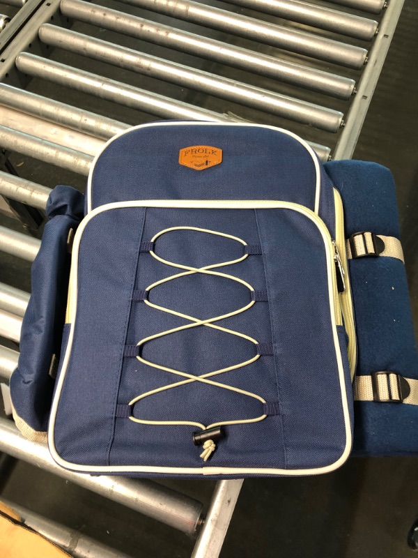 Photo 1 of Frolk Picnic Backpack Set for 4 - Picnic Basket Backpack Kit with 4 Cutlery Sets, Cooler Compartment, Wine Holder, Picnic Blanket, 3 Food Storage Containers - Picnic Gift for Men and Women Blue