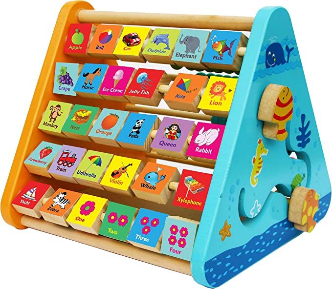 Photo 1 of Wooden Activity Centre Triangle Toys - flip Flop Alphabet Blocks Abacus Clock - Activity Cube for Toddlers 5 in 1- Activity Toys for Babies Montessori Learning-Wooden Toys for 1 Year Old