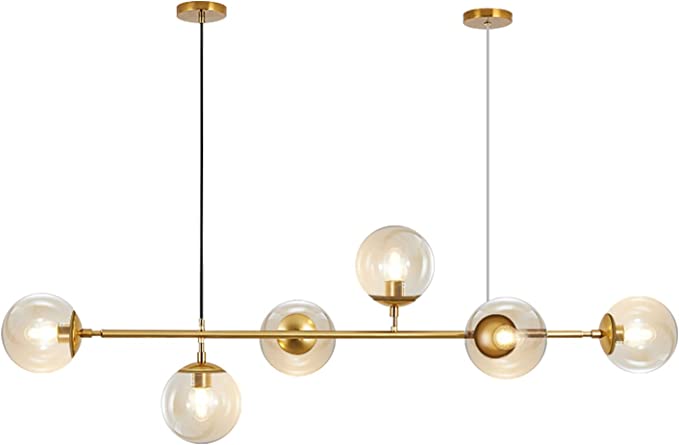 Photo 1 of KCO Lighting Mid-Century Modern Rectangle Chandelier 6-Light Glass Globe Linear Chandelier Pendant Light Fixture Gold Sputnik Chandelier Adjustable Kitchen Island Lighting (Gold+Amber)