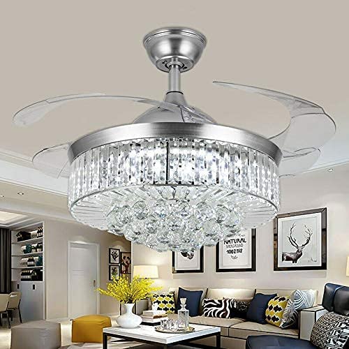 Photo 1 of Crystal Chandelier Ceiling Fan with LED Light and Remote Control, 42" Modern Retractable Blade Ceiling Fans Light, 3 Lights Color and 6 Speeds, Perfect for Living Room, Bedroom (Crystal Silver)