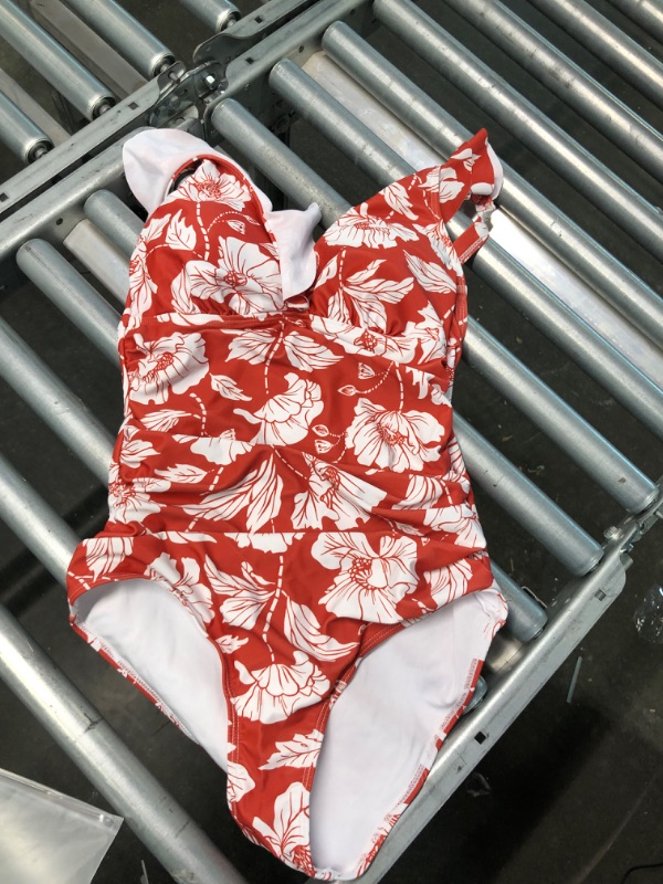 Photo 4 of Holipick Women One Piece Swimsuits Tummy Control Bathing Suit Ruffle V Neck Swimwear Slimming Monokini Red White Floral Medium