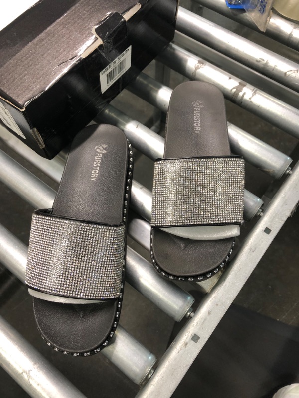 Photo 1 of Fur Story Womens Slides House Slippers Rhinestone Glitter Slides Cozy Bedroom Slippers Shower Shoes Cute Slippers for Women Platform Sandals 10 Upgrade Sliver