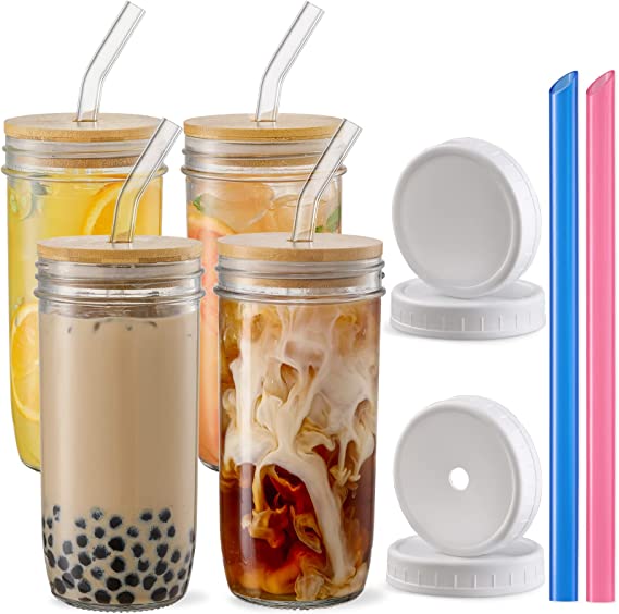 Photo 1 of 4 Pack Glass Cups Set - 24oz Mason Jar with Bamboo Lids and Glass Straw & 2 Airtight Lids - Cute Boba Drinking Glasses, Reusable Travel Tumbler Bottle for Iced Coffee, Smoothie, Bubble Tea, gift