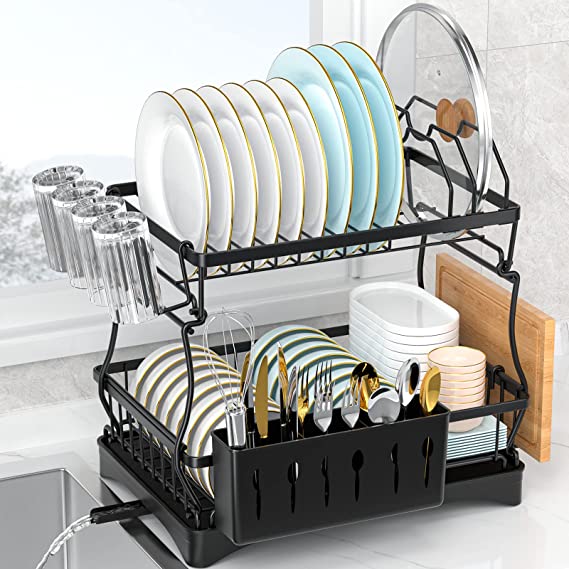 Photo 1 of Dish Drying Rack, 2-Tier Dish Drying Rack with Drainboard Set, Black Metal Dish Rack Plate Rack for Kitchen Counter, Dish Drainer with Utensil & Cutlery Holder - Space-Saving Organizer for Countertop