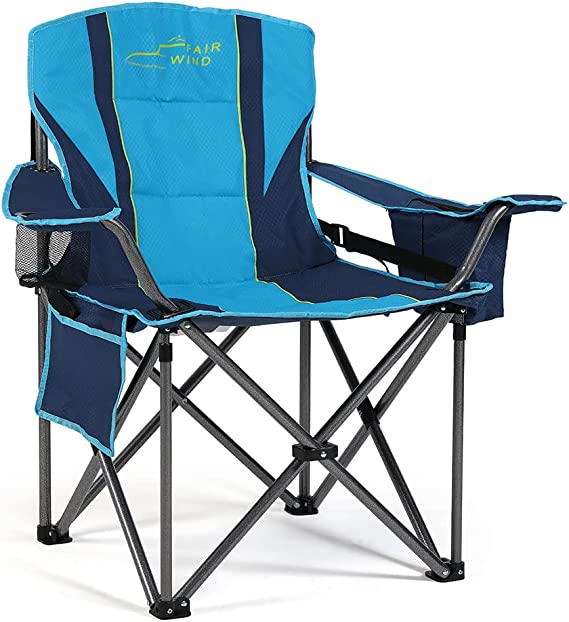 Photo 1 of FAIR WIND Oversized Fully Padded Camping Chair with Lumbar Support Heavy Duty Quad Fold Chair Arm Chair with Cooler Bag - Supports 450 LBS Blue Green