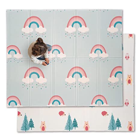 Photo 1 of JumpOff Jo - Large Waterproof Foam Padded Play Mat for Infants, Babies, Toddlers, Play Pens & Tummy Time, Foldable Activity Mat, 70 in. x 59 in. - Woodland Rainbow