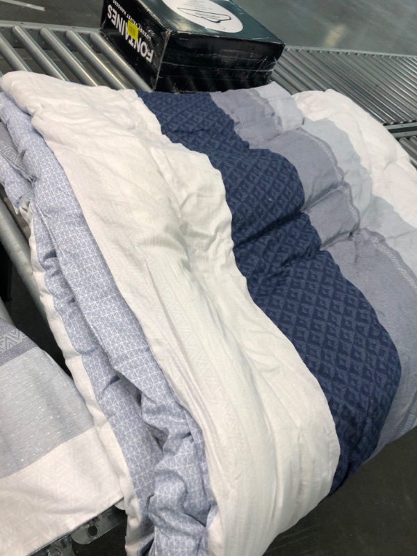Photo 5 of SLEEPBELLA Comforter Queen Size, 600 Thread Count Cotton Baby Blue and Navy Striped Patchwork Reversible Pattern Reversible Blue Comforter Set,Down Alternative Bedding Set 3Pcs (Queen, Blue Patchwork) Queen Blue Patchwork
