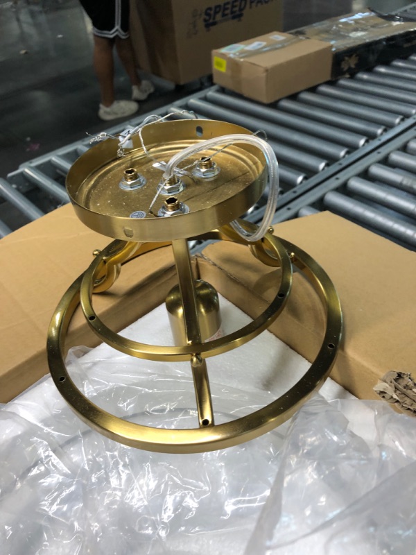 Photo 2 of WUZUPS Chandelier Rustic Farmhouse Industrial Round Semi-flushmount Ceiling LED Light Fixture with Clear Glass Shades for Bathroom Kitchen Foyer Entryway, H 11.8" x W 13.4", E26 Base, Brushed Gold Ceiling Light, Brushed Gold