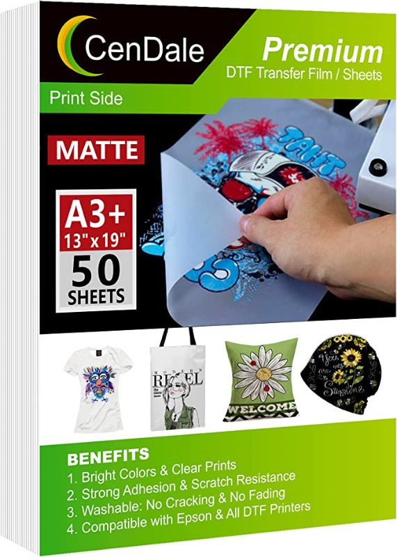 Photo 1 of CenDale Premium DTF Transfer Film 13"x19" - A3 Plus 50 Sheets Double-Sided Matte Clear PreTreat Sheets PET Heat Transfer Paper for DIY Direct Print on All Fabric and Colors T-Shirts Textile