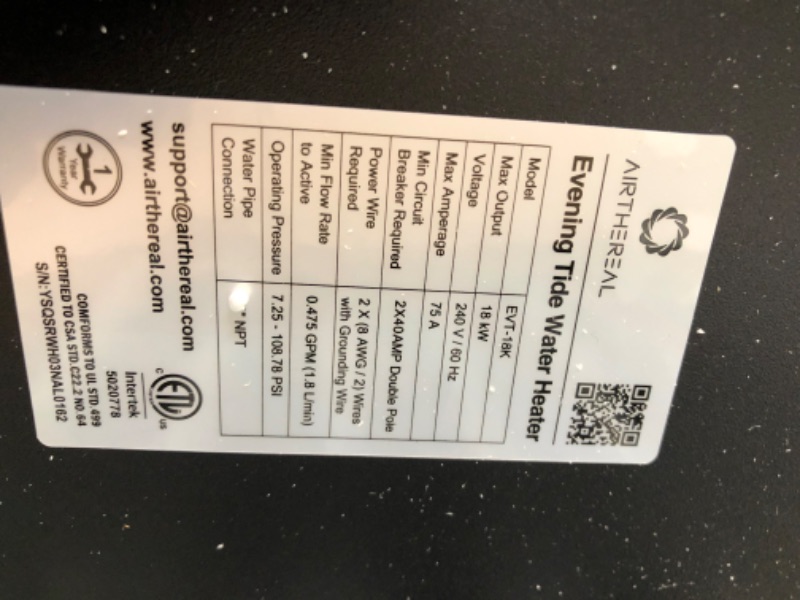 Photo 4 of Airthereal Electric Tankless Water Heater 18kW, 240Volts - Endless On-Demand Hot Water - Self Modulates to Save Energy Use - Small Enough to Install Anywhere - for 2 Showers, Evening Tide series