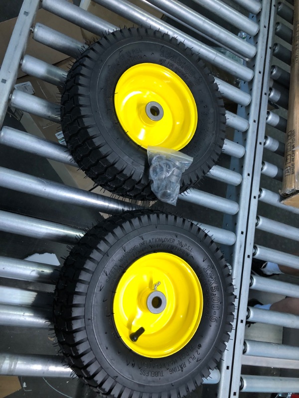 Photo 3 of (2 Pack) AR-PRO Exact Replacement 15" x 6.00-6" Front Tire and Wheel Assemblies for John Deere Riding Mowers - Compatible with John Deere 100 and D100 Series - 3” Centered Hub and 3/4” Bushings 15 x 6.00-6" Yellow