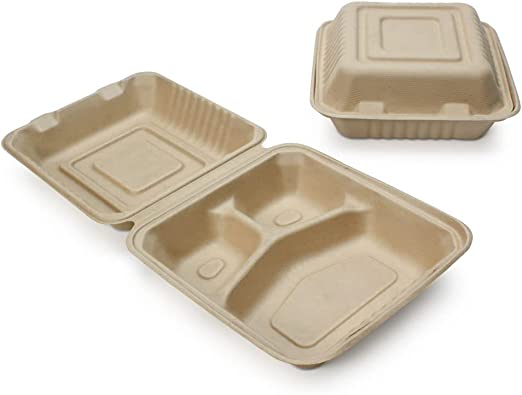 Photo 1 of 100% Compostable Disposable Food Containers with Lids [8”X8” 3-Comp 200 Pack] Eco-Friendly Take-Out TO-GO Containers, Heavy-Duty, Biodegradable, Unbleached by Earth's Natural Alternative