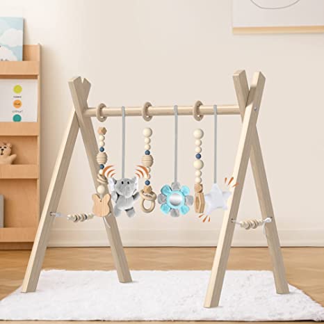 Photo 1 of Wooden Baby Play Gym for Baby Gym with 6 Infant Toys, MAAZO Foldable Baby Play Gym Frame Activity Center Hanging Bar Newborn Toys Baby Gifts Easy to Assemble (Natural Color)