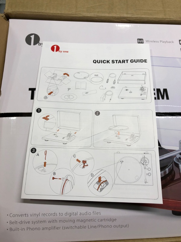 Photo 7 of 1 BY ONE Belt Drive Turntable with Bluetooth Connectivity, Built-in Phono Pre-amp, USB Digital Output Vinyl Stereo Record Player with Magnetic Cartridge, 33 or 45 RPM