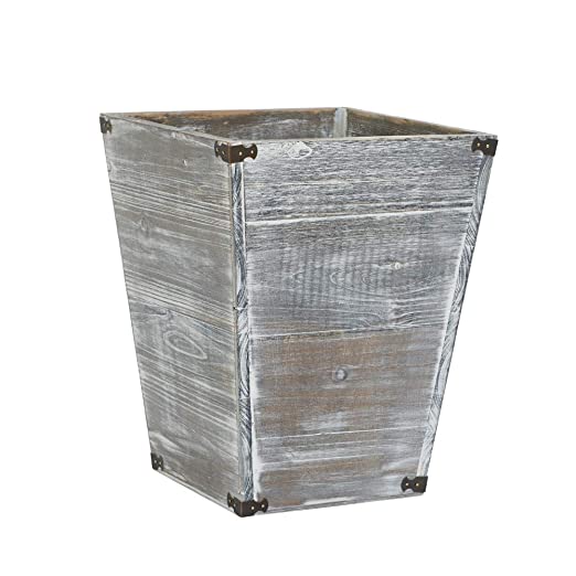 Photo 1 of VERGOODR Gray Farmhouse Style Torched Wood Square Waste Bin with Decorative Metal Brackets Trash Can for Bedroom,Living Room, Bathroom & Office