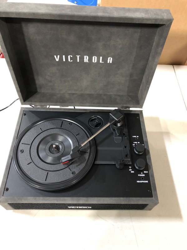 Photo 2 of Victrola Vintage 3-Speed Bluetooth Portable Suitcase Record Player with Built-in Speakers | Upgraded Turntable Audio Sound| Includes Extra Stylus | Lambskin (VSC-580BT-LGR)