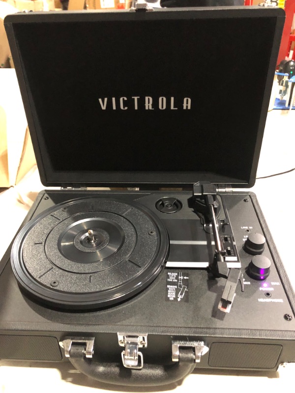 Photo 4 of Victrola Vintage 3-Speed Bluetooth Portable Suitcase Record Player with Built-in Speakers, Black, Model Number: VSC-550BT-BK, 1SFA