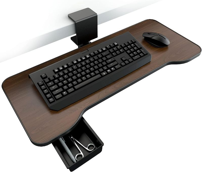 Photo 1 of Keyboard Tray Under Desk,360 Rotating Keyboard&Mouse Tray with Drawer,Yikola Desk Extender Adjustable C-Clamp, Ergonomic Platform Tray Under Table,No Drilling Install 23.54'' x 9.8''in-Wood Grain