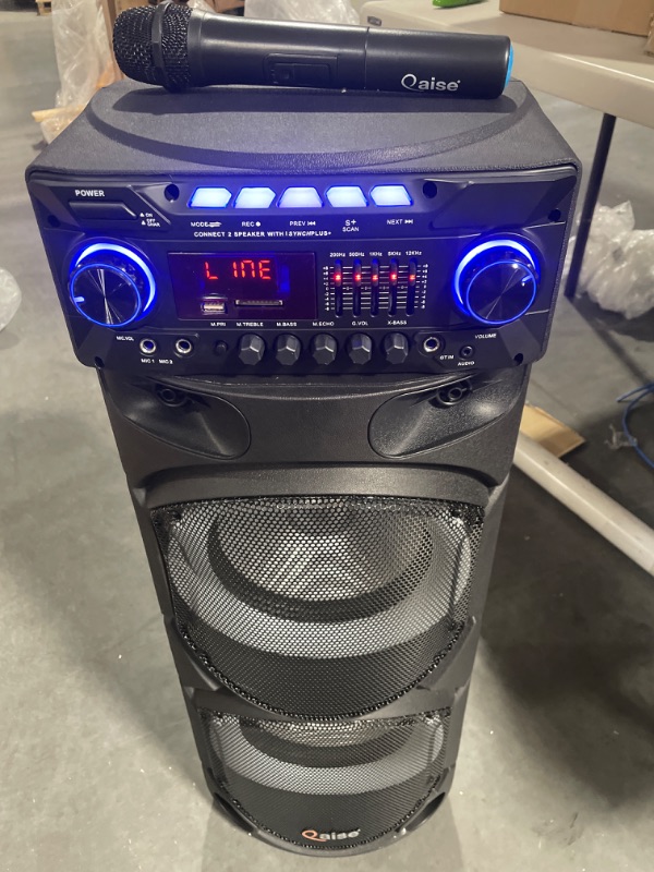 Photo 2 of QAISE Portable PA System with Wireless Mic - Bluetooth Party Boombox Speaker & Karaoke Machine with Lights, Dual 10” Subwoofer, X-Bass & 8000 Watts Peak Power - SonicBoomer X-Dix SB-2101