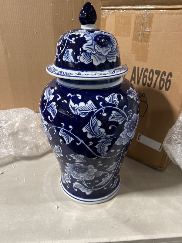 Photo 2 of A&B Home 18" Porcelain Decorative Jar with Lid Blue White Floral Print Vase Ginger Jar Centerpiece Decor