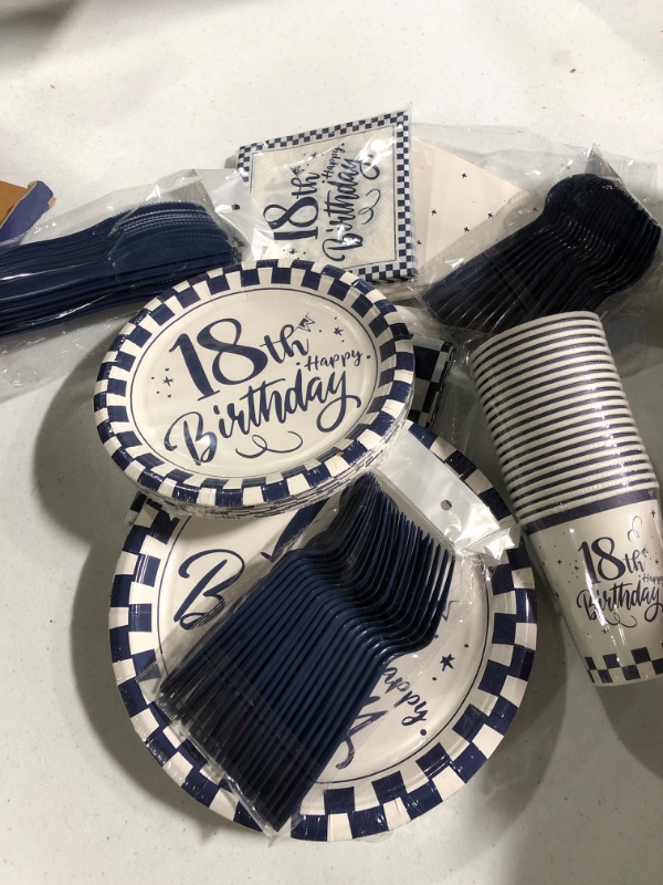 Photo 2 of 18th Birthday Decorations for Boys Plates and Napkins, 168Pcs Dark Blue and White Party Tablewere with Dessert Plates, Cups, Knifes, Forks, Spoons for Girls 18 Birthday Party - Dinnerware Serves 24