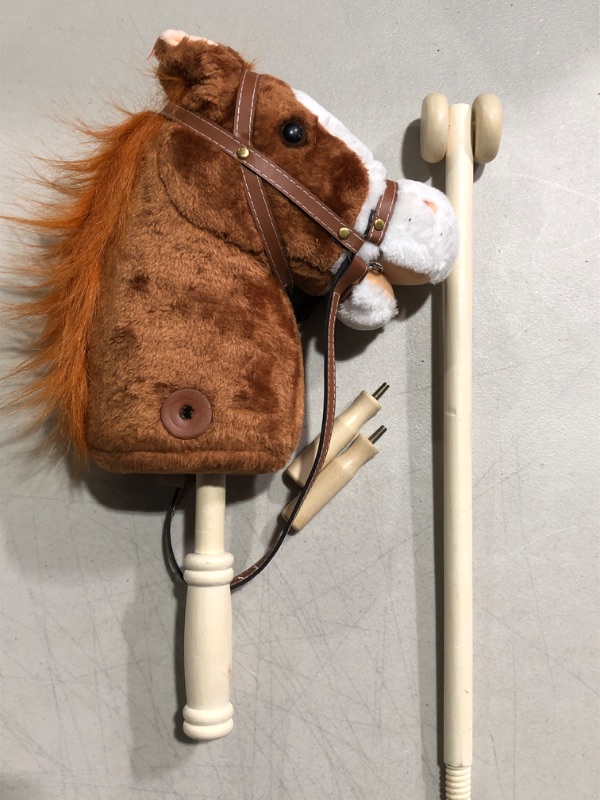 Photo 1 of HollyHOME Outdoor Stick Horse with Wood Wheels Real Pony Neighing and Galloping Sounds Plush Toy Dark Brown 36 Inches(AA Batteries Required)