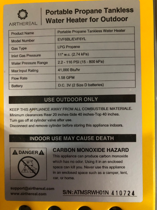 Photo 2 of Airthereal 6L 1.58GPM Outdoor Portable Propane Gas Tankless Water Heater, Instant Propane Water Heater, Easy to Install, Use for Camping, RV and Pet Bath, Evenfall series, Yellow