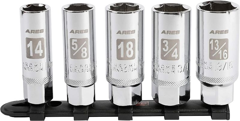 Photo 1 of ARES 11007-5-Piece High Visibility 3/8-Inch Drive SAE & Metric Spark Plug Socket Set - Heat Treated CR-V Steel Mirror Polish Sockets with Rubber Retaining Rings - Spark Plug Removal 5-Piece SAE & Metric Spark Plug Socket Set