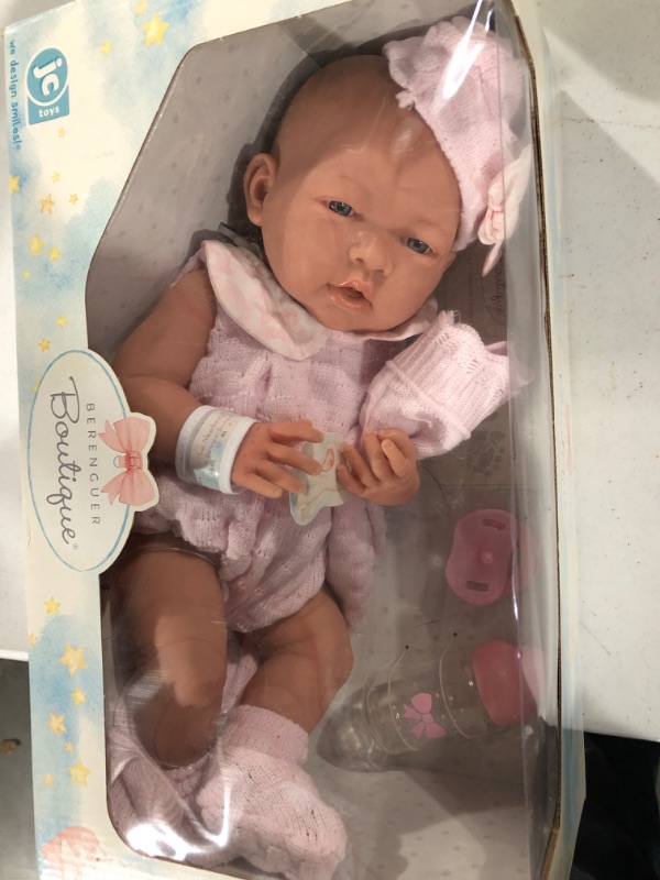 Photo 2 of Anatomically Correct Real Girl Baby Doll | 15" All-Vinyl | JC Toys - La Newborn | Made in Spain | Comes With Pink Knit Outfit and Accessories | Designed by Berenguer | Ages 2+ , Soft Pink