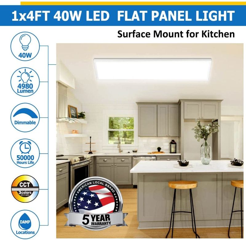 Photo 1 of 1x4FT LED Flat Panel Troffer Light, 24W/30W/40W 4980LM Dimmable, 5CCT 3000K/3800K/4500K/5200K/6000K, Edge-Lit Ceiling Light Fixture for Kitchen, Built-in Driver Surface Mount, 1-Pack
