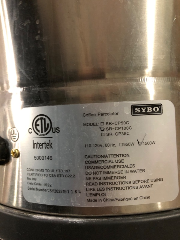 Photo 3 of **SEE NOTES** SYBO 2022 Upgrade Commercial Grade Stainless Steel Percolate Coffee Maker.