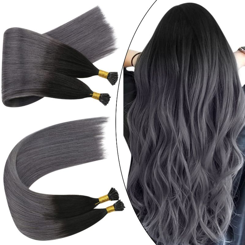 Photo 2 of Ugeat I Tip Hair Extensions 14 Inch Balayage Black to Sliver I Tip Human Hair Extensions Stick Tipped Pre Bonded Hair Extensions 40 Grams Fusion Hair Extensions