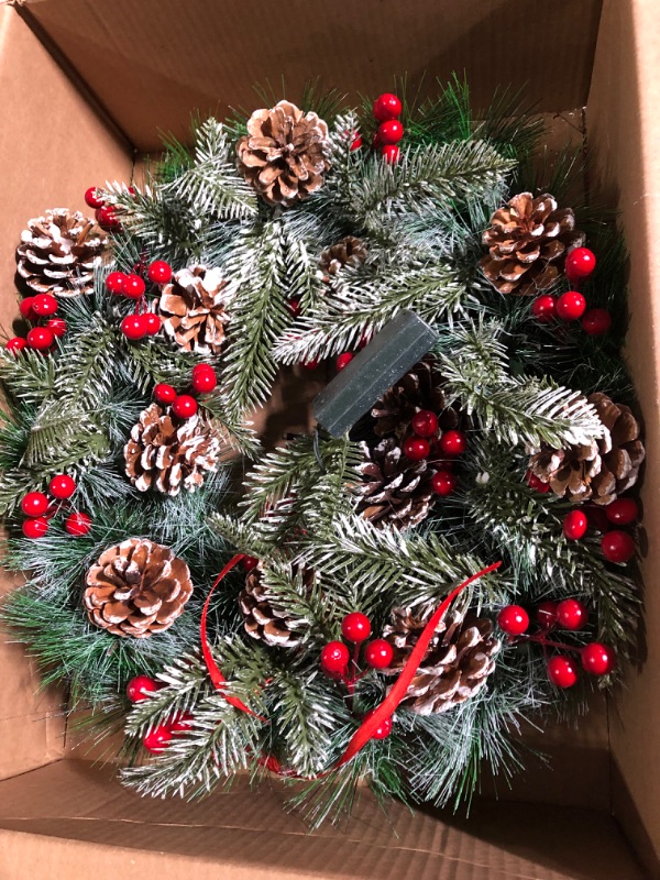 Photo 2 of *SEE NOTES** Christmas Wreath, 50 Warm White Lights, Decorated with Red Berries Snowflakes and Pine Cones Battery Operated 