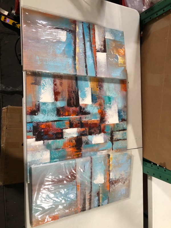 Photo 2 of Abstract Wall Art Large Painting on Canvas Gallery-Wrapped 3 Piece for Living Room Bedroom Modern Framed Teal Blue Brown 24x48inches Abstract Wall Art 1 24x48inches