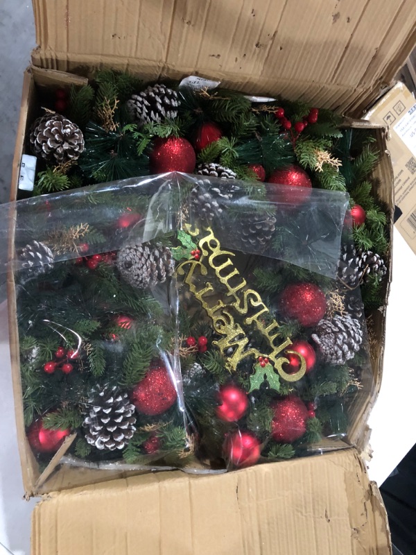 Photo 2 of 30 Inch 80 LED Large Prelit Christmas Wreath Decorations Front Door Timer “Merry Christmas” Battery Operated Realistic Spruce Tips 27 Balls Glitter Cypress 45 Berry Jumbo15 Pinecones Xmas Decor Home