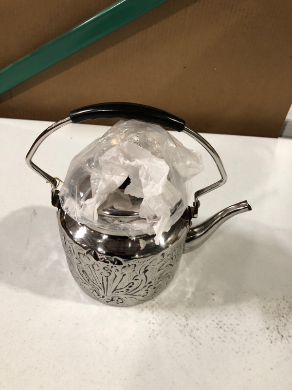 Photo 1 of 2 QT “Art Nouveau” embossed Tea Kettle w/ Bakelite handle/knob, Stainless Steel.
