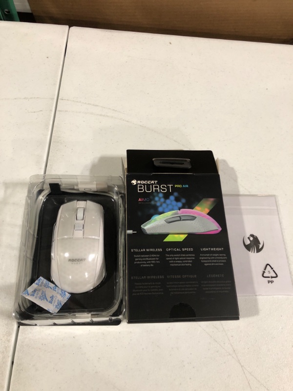 Photo 2 of ROCCAT Burst Pro Air,Lightweight Symmetrical Optical Wireless RGB Gaming Mouse, with 19K DPI Optical Owl-Eye Sensor, Optical Switches, Titan Wheel, 81-Gram Weight, White 