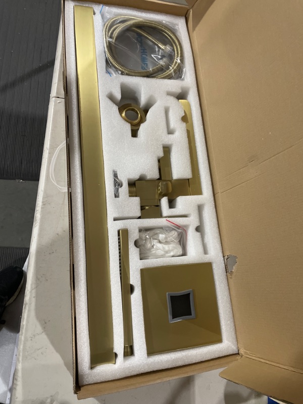 Photo 1 of KALOG Waterfall Model Single Handle Freestanding Tub Filler Floor Mount Bathtub Faucet with Square Handheld Shower (Brushed Gold-D)