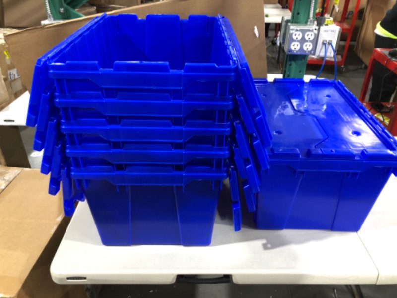 Photo 2 of Akro-Mils Plastic Storage Tote with Hinged Attached Lid, (21x15x12), Blue, (6-Pack)