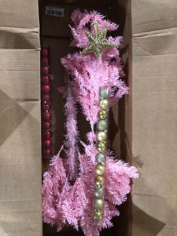 Photo 2 of  **SEE NOTES**
Artificial Christmas Tree, with Christmas Tree Ornaments and Star Topper, (Pink,4ft) Pink 4ft