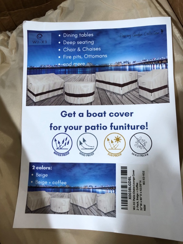 Photo 1 of *USED*WJ-X3 Outdoor Waterproof Patio Chaise Lounge Covers, UV Resistant Fabric, Outdoor Lounge Chair Covers, 32W x 80D x 42H, Beige & Coffee, 2 Pack 