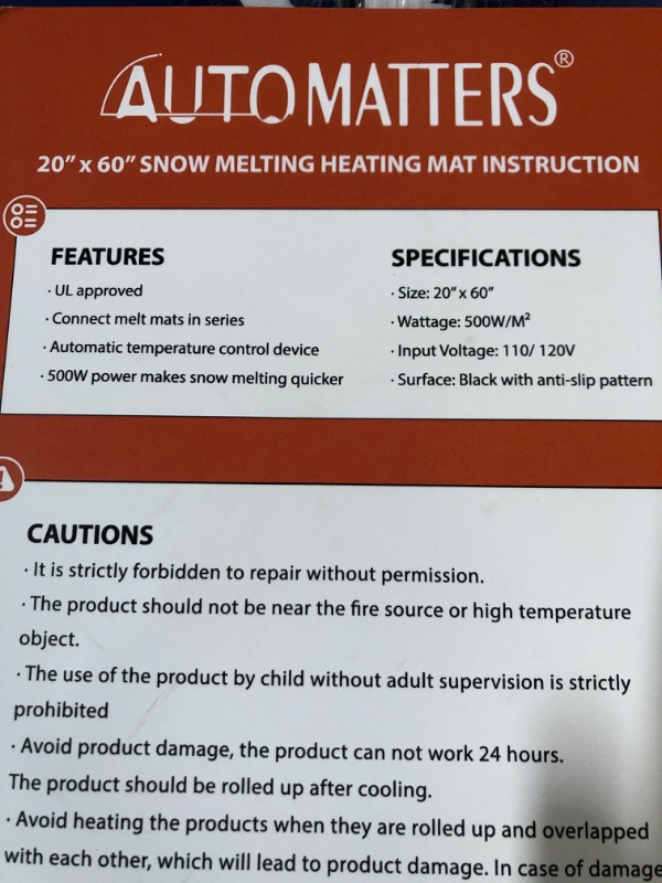 Photo 3 of *USED/SEE NOTES* AUTOMATTERS Snow Melting Mats, Anti-Slipping Heated Outdoor Mat 20" x 60"