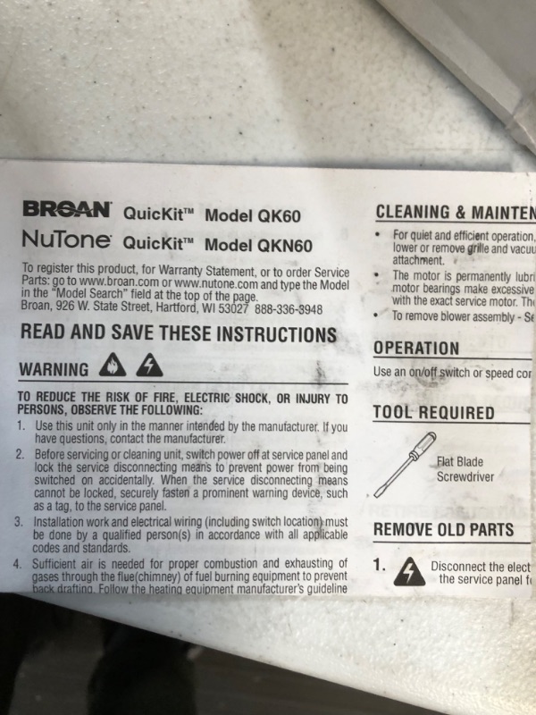 Photo 4 of **USED/SEE NOTES* BROAN-NuTone QK60S Broan Bathroom Ventilation Grille Upgrade QuickKit, 2.5 Sones, 60 CFM Fan Motor, White Upgrade Kit 2.0