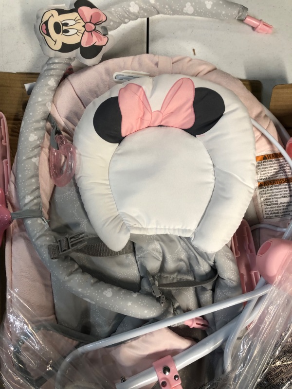 Photo 5 of *USED-SEE NOTES* Bright Starts Minnie Mouse Rosy Skies Baby Bouncer with Vibrating Infant Seat, Music & 3 Playtime Toys, 23x19x23 Inch (Pink)