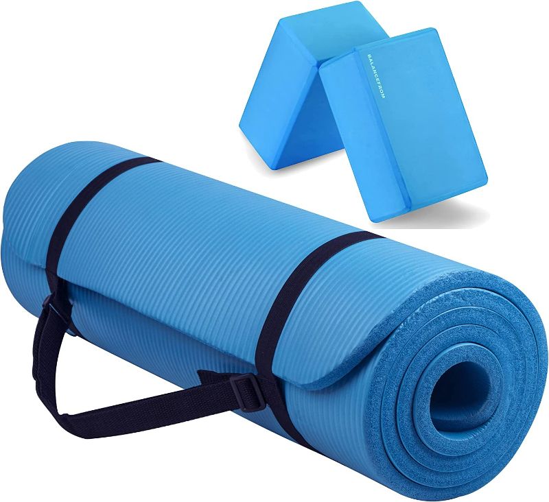 Photo 2 of BalanceFrom All Purpose 1/2-Inch Extra Thick High Density Anti-Tear Exercise Yoga Mat with Carrying Strap and Yoga Blocks Blue 