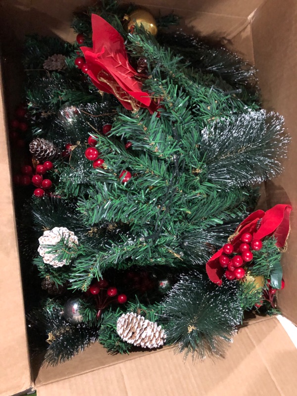 Photo 2 of 9Ft 100LED Prelit Christmas Poinsettia Flowers Garland with Lights Decorations 18 Balls Ornaments Timer 8 Modes 300 Branch Snowy Needles 198 Red Berry 18 Pinecones Christmas Decoration Indoor Outdoor 9 feet