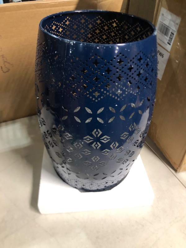 Photo 1 of Vipush Outdoor Side Tables,Patio End Table Anti-Rust Metal Round Drum Garden Stool Plant Stand Indoor Iron Accent Table for Patio Deck Porch Living Room,Navy Blue